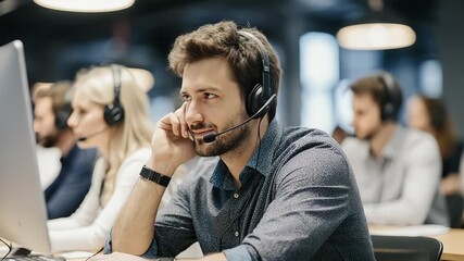 Focused male customer service agent assisting clients in a busy call center environment