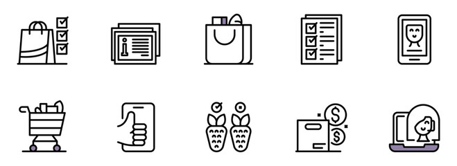 Modern Line Icons: Shopping, Checklist, Finance, and Customer Satisfaction,  Positive Branding,  E-commerce,  Mobile App,  User Experience Design Elements.
