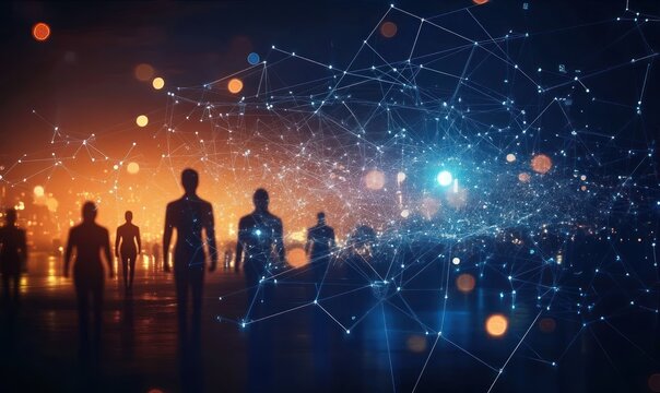 Silhouettes of people walking in a dimly lit urban environment with a digital network overlay symbolizing data connections and interaction