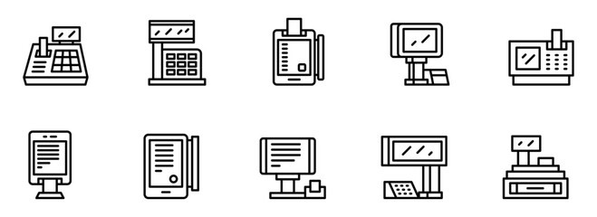 Collection of Ten Modern Point of Sale System Icons: Clean Line Art Style, Minimalist Design, Retail Technology Graphics.