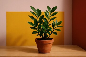 Fototapeta premium A lush green plant thrives in a terracotta pot against a vibrant yellow and pink backdrop, symbolizing growth and vitality amidst the calm