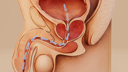 Conceptual 3D medical illustration of prostate and bladder anatomy