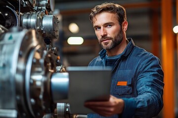 Focused young man in plaid shirt using tablet while operating industrial machinery in a factory setting