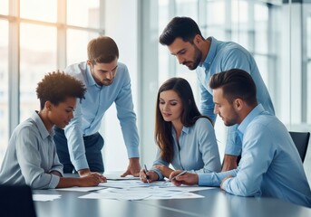 Five professionals collaborate around a table reviewing documents in a bright office