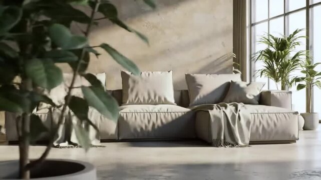 A modern living space features a comfortable modular sofa with soft cushions, draped throws, and potted plants near a large window.