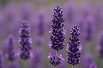 Naklejka premium A serene field of lavender blooms in a soft purple hue, with delicate buds poised on slender stems, creating an enchanting tapestry of nature's artistry