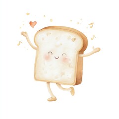 Joyful Watercolor Bread Clipart A smiling slice of bread dances with glee, surrounded by music notes and hearts, on a transparent background.