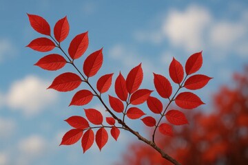 Fototapeta premium A vibrant red branch against a serene blue sky dotted with fluffy white clouds