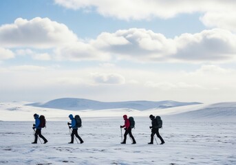 Four hikers with backpacks trek across a snowcovered landscape under a cloudy sky