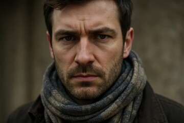 A man stands resolute against a backdrop of urban decay