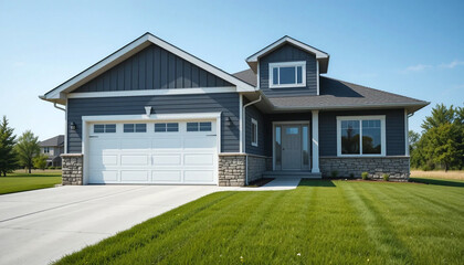 New house gray rooftop and green garden, clapboard house architecture exterior 