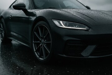 A solitary black sports car stands in the rain, its sleek design reflecting the muted light of a gloomy sky