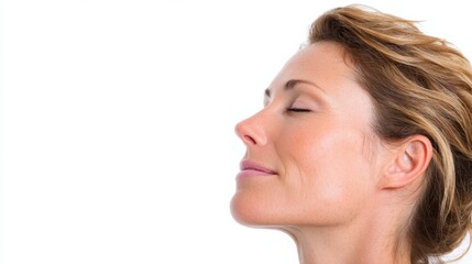 Naklejka premium Glowing Profile of a Woman After a Chemical Peel Against a Minimalist White Background Capturing the Effects of Skin Treatment and Natural Beauty