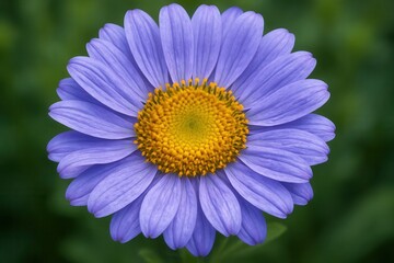 Obraz premium A solitary purple daisy stands out against a verdant backdrop, its vibrant yellow center drawing the eye with its radiant beauty