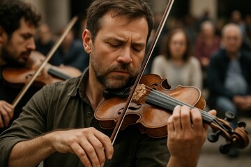 A Violinist's Passionate Performance in a Public Square