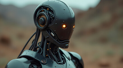 Fototapeta premium A futuristic, humanoid robot with glowing orange eyes standing in a desolate, rocky outdoor environment. A science fiction concept of artificial intelligence and nature.