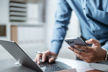 Using smartphone social media concept. Mobile internet banking. Typing online community post, Chat, Comment. Online shopping payment. Artificial intelligence technology.