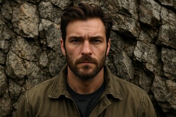A man stands against a backdrop of rugged stone, his gaze steady and unyielding