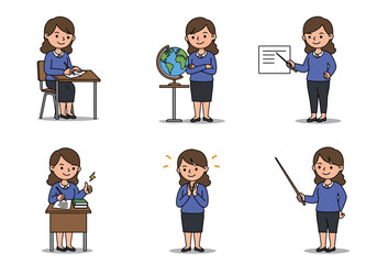 A set of six cartoon illustrations depicting a female teacher in various educational poses and activities.