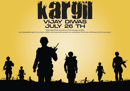 Kargil Vijay Diwas Inspirational Vector Poster - Silhouettes of Marching Soldiers on Battlefield with Patriotic Quote