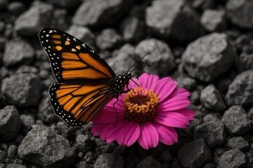 Amidst the monochrome canvas of life, a vibrant monarch butterfly rests on a pink zinnia, symbolizing hope and beauty amidst starkness