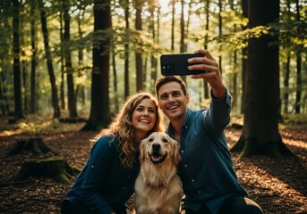 Happy couple with dog taking selfie in sunlit forest