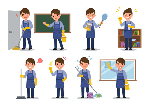 A collection of cartoon illustrations of a male janitor in uniform performing various cleaning tasks like sweeping, mopping, and dusting.