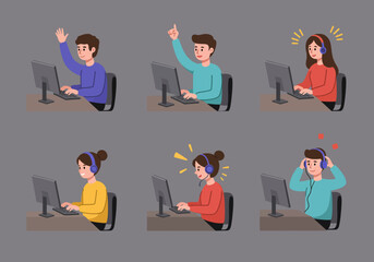 Six cartoon characters are depicted with varying emotions while working at a computer, showcasing different reactions and expressions.