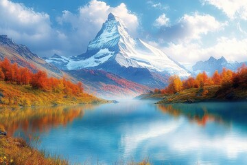 Majestic snow-capped mountain towering over a calm reflective lake surrounded by vibrant autumn trees under a partly cloudy sky