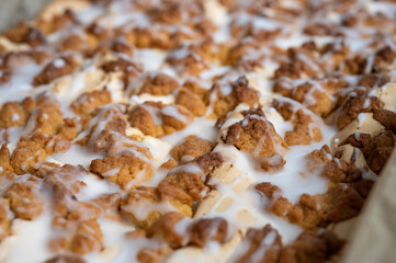 Close-up of baked crumb cake with icing drizzle, golden brown topping and soft texture, viewed from above.