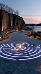 Luminous Purple Labyrinth with Central Fire at Dusk