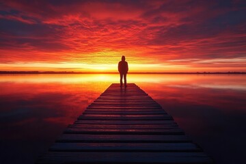 silhouetted person standing at the end of a wooden pier overlooking a calm lake during a vibrant red and orange sunset with dramatic cloud formations