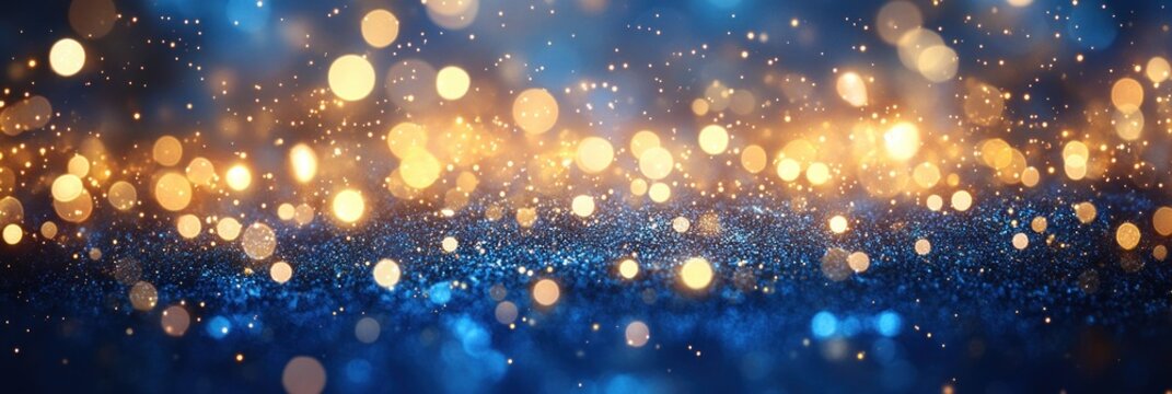 Glowing golden and blue bokeh lights with sparkling glitter creating a magical and festive atmosphere