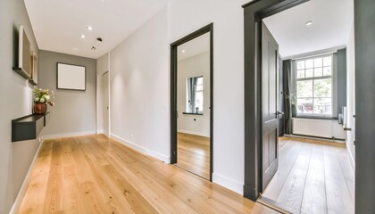 Fototapeta premium Empty hallway with natural light and neutral tones.