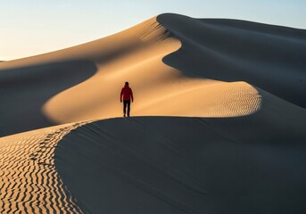 Lone figure walks across vast sundrenched sand dunes under a clear sky