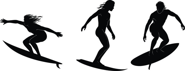Surfer silhouette illustration, surfing poses, surfboard riders, ocean sport vector, black silhouettes, dynamic stance, relaxed posture, wave riding, minimal design, no background.