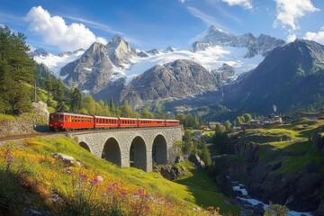 Red train crossing a stone arch viaduct over a green valley with wildflowers under snowy mountain peaks and blue sky
