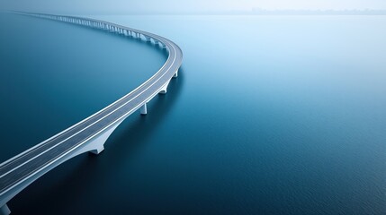 A modern highway bridge arches gracefully over calm waters, creating a serene and innovative connection between land and sea.