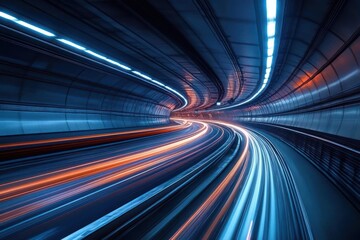 Curved underground tunnel illuminated with dynamic blue and orange light trails creating a futuristic and fast-moving effect