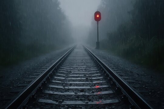 A solitary red signal stands guard amidst a veil of rain, casting an eerie glow on the desolate railway tracks
