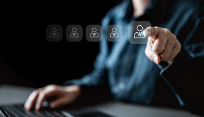 Human resources management technology concept. HR report software. Hiring job. People, Employees data analysis. System integration. ERP system. HR tech business.