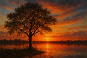 A Lone Tree Stands Silent at Sunset by a Reflective Lake