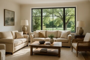 A serene living room bathed in natural light, inviting relaxation with its plush sofas and rustic wooden furniture