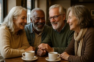 A Quartet of Lifelong Friends Sharing Laughter at a Cozy Café