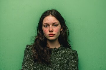 Obraz premium Young woman with acne poses confidently in front of vibrant green wall showcasing natural beauty