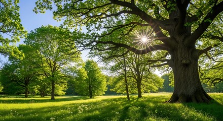 Lush Green Forest Meadow with Sunlight Streaking Through Trees