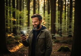 Fototapeta premium Man in forest using smartphone