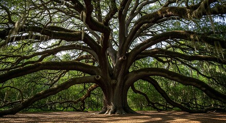 Majestic Live Oak with Spanish Moss in a Sunny Forest Setting