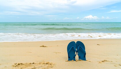 A vibrant beach sandals rests on the sun-drenched sand near the tropical sea, ready for some summer vacation fun