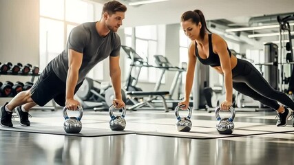Couple Exercising with Kettlebells Doing Pushups in Gym - Powered by Adobe